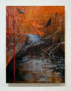 Orange-toned painting with crows layered underneath a wet, leafy pavement, cold breath, skeletal outlines.