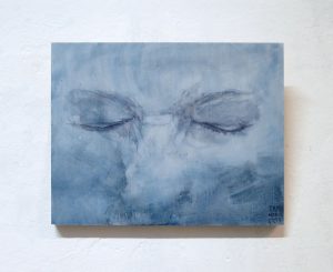 Small blue painting with tightly closed eyes drawn in thin purplish paint.