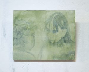 Small green painting with two girls drawn in a thin blue wash.