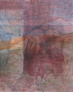 Multi-layered mauve painting with hands, outlined figures, text and landscape.