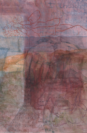 Multi-layered mauve painting with hands, outlined figures, text and landscape.