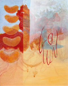 Bright sunny painting with orange segments, faded layers, and outlined hands sharing fruit.