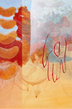 Bright sunny painting with orange segments, faded layers, and outlined hands sharing fruit.